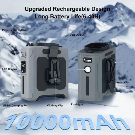 Ventilateur de taille portable avec batterie de 6000 mAh, 5 vitesses, rechargeable et mains libres, idéal pour les activités de plein air et les voyages.