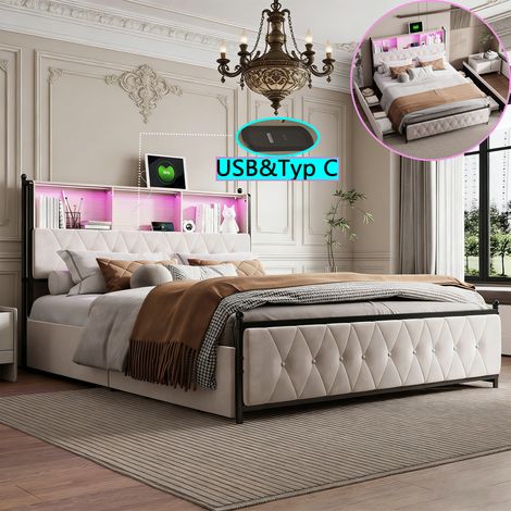 Lit 140x200 cm avec sommier à lattes, lit rembourré avec éclairage LED et chargement USB, lit double avec 4 tiroirs, tête de lit rembourrée avec rangement, lits de rangement, pour adultes, adolescents (1/5)