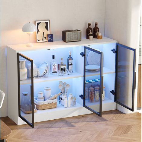 REDOM Vitrina 120x30x73 cm, LED multicolor, puertas de vidrio gris, cierre suave, tablero de partículas, blanco (1/5)