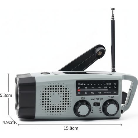 Radio d'urgence à énergie solaire avec manivelle, lampe torche et récepteur FM/AM/WB. (1/3)