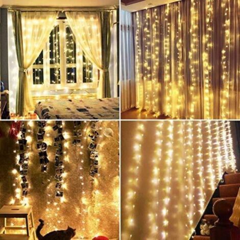 Guirlandes Lumineuses Rideau 3 × 3M 300 LED 8 Modes d'Eclairage,USB Télécommande Rideau Lumineux Decoration de Fenêtre, Intérieur pour Noël, Mariage, Maison, Patio-Blanc Chaud (1/4)