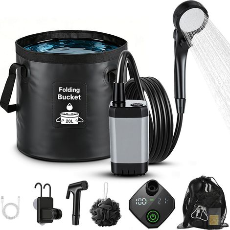 Randaco Doccia da campeggio portatile con secchio pieghevole da 20L, indicatore di temperatura, kit esterno con doccetta per giardino, lavaggio auto, spiaggia
