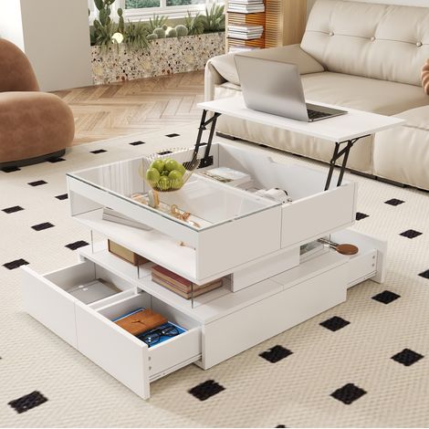 Mesa de centro elevable con LED de 16 colores, tablero de cristal y almacenaje, blanco DESVIAE (1/5)