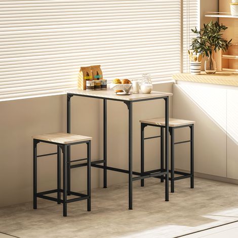 Bartisch-Set mit 2 Barhockern, platzsparende Küchentheke und Stühle mit Stahlbeinen, Industriestil, Stehtisch mit Hockern für Zuhause, Esszimmer und Wohnzimmer, Holz und Schwarz