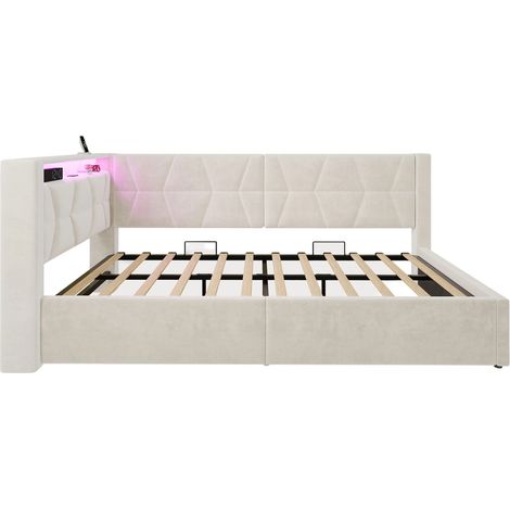Lit rembourré 90x200 cm avec coffre, velours beige, LED, USB et Type-C, sommier inclus (1/5)