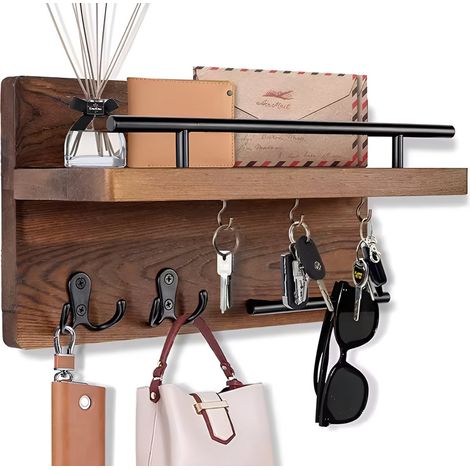 TOJ Living Porte-clés mural en bois 7 crochets – Organiseur avec porte-courrier, étagère & barre de suspension – marron foncé (1/3)