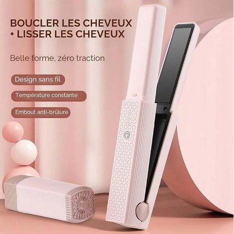Lisseur Cheveux Sans Fil, Mini Short, Portable Voyage pour Courts/Frange, Céramique Fer a Lisser et Bigoudi 2 en 1, Boucleur Femme Vacances, Voyages (1/3)