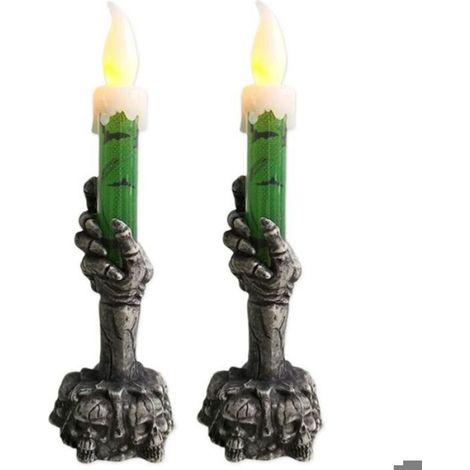 Bougeoir Halloween - Crâne Squelette Avec Main Fantôme - Lampe Bougie LED Sans Flamme - Hauteur 15 cm - Vert - Lot de 2 (1/5)