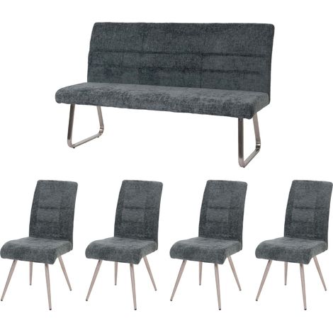 [NON UTILIZZATO] Set sala da pranzo HHG-102, 4 sedie + panca 160cm, acciaio inox stoffa/tessuto ciniglia, blu-verde (1/5)