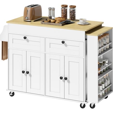 îlot central cuisine, plateau extensible. desserte de cuisine sur roulettes avec 2 tiroirs. 4 portes. blanc