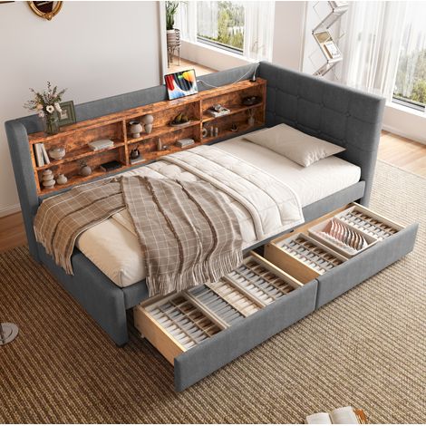 Daybett 90/200 cm grau aus Leinen und MDF mit 2 Schubladen, USB-C und Ablagefächern (1/5)