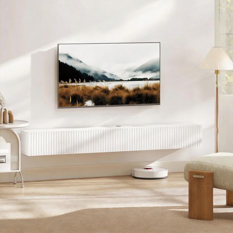 Meuble TV suspendu 180cm, meuble télé pour téléviseur 72 pouces, 2 portes rabattables, 180x25x22cm, blanc (1/5)