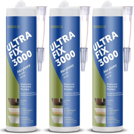 Colle De Fixation Acrylique Ultra Fix 3000, 3 x 280 ml, Fixation Forte Pour Plinthes Et Panneaux Muraux, Blanc, Flexible Et Recouvrable, Lot Économique
