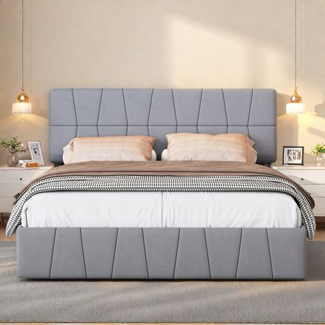 Cama tapizada de 160x200 cm, cama doble con 4 cajones, con cabecero y listones de madera, cama con canapé, terciopelo agradable para la piel, color gris (1/5)