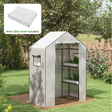 Housse de serre 140x73x190 cm blanche en plastique renforcé avec protection UV, porte zippée et fenêtres (1/5)