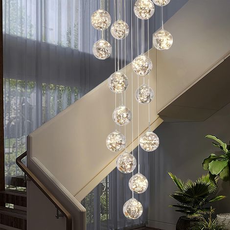 Lustre Lampe Boule de Verre 15 LED, Pendentif Lumière LED d'escalier, 75W Lampe Suspensions Long étoilé Créatif, Longueur Réglable Pendant Light, Plafonniers Modernes pour Villas, Escaliers et Salons (1/5)