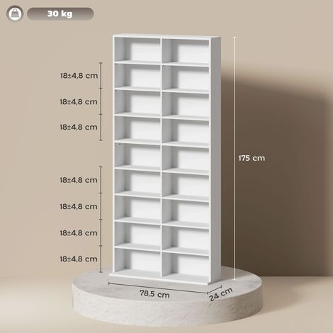 Étagère pour DVD, étagère de rangement pour CD, 14 étagères réglables, 18 compartiments, 175 cm, étagère pour Blu-ray, panneaux de particules, blanc (1/5)