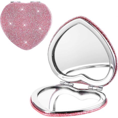 Mabor Pink Heart Kompaktspiegel für die Kosmetiktasche, kompakter Vergrößerungsspiegel, doppelseitig, 1x/2x Vergrößerung, für strahlende Schönheit jederzeit und überall (1/4)