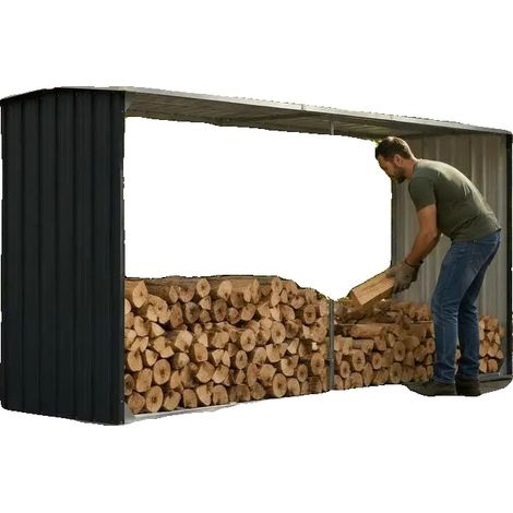 Cobertizo para almacenamiento de leña, acero galvanizado, estructura reforzada, color antracita. (1/2)