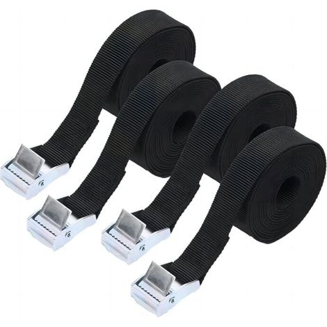 Lot de 4 sangles d'arrimage à cliquet, 1,5 m x 25 mm, tendeurs robustes et réglables pour motos, cargaisons, camions, remorques, bagages (noir) (1/4)