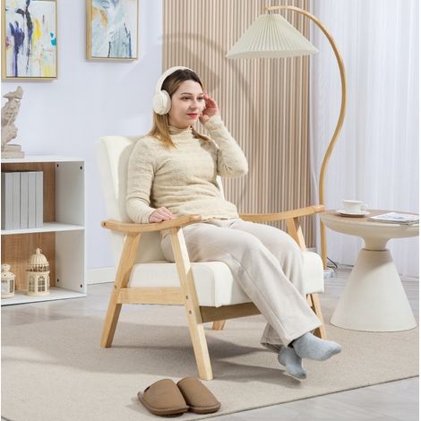 Sillón relax de poliéster, reposabrazos curvado, asiento acolchado, estructura de madera de caucho, blanco crema (1/5)