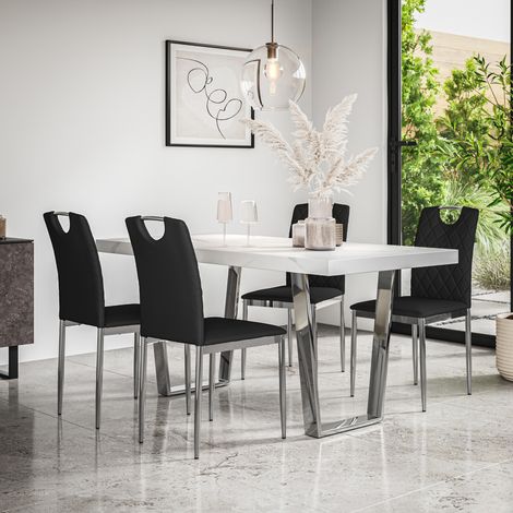 Aria Dining Table And Chairs - White Marble Effect Table Top w Chrome Legs + Monza Faux Leather Dining Chair w Chrome Legs Set Of 6 (Black) (1/5)