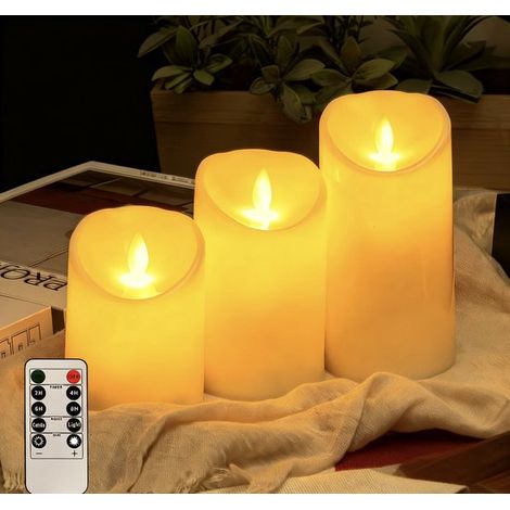 Lot de 3 bougies d'extérieur étanches avec lumière LED, sans fil et sûres, 7,5 x 10, 12,5 et 15 cm, bougie LED clignotante, minuterie et fonctionne sur piles (1/4)