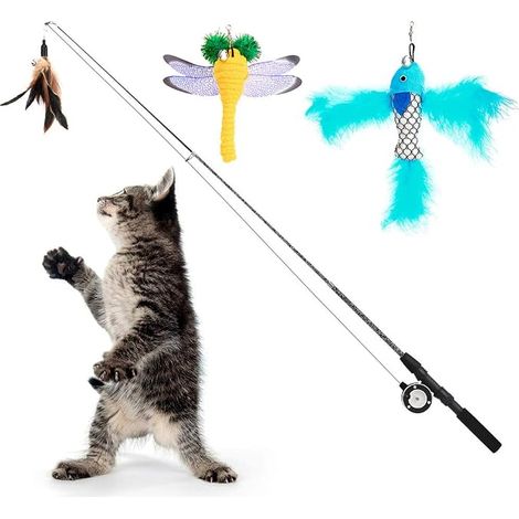 Feather Cat Toys, Interactive Wands Telescopic Fishing Rod with Accessories (Fish, Dragonfly, Worm) and Bells - Cat Toy (1/5)