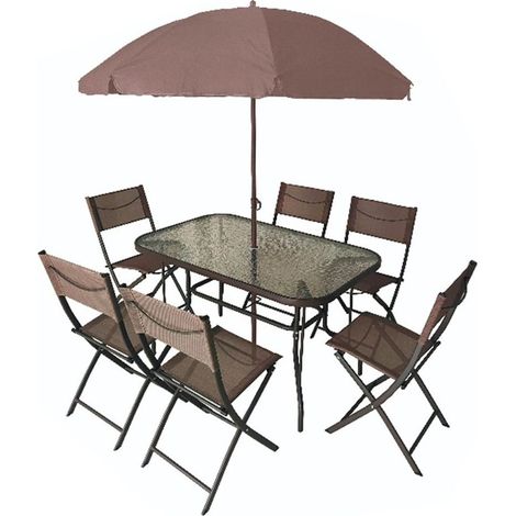 TrAdE Shop Traesio - Set Giardino Amalfi Con Tavolo Ripiano Vetro 6 Sedie Pieghevoli Ombrellone Marrone 529010 - (1/2)