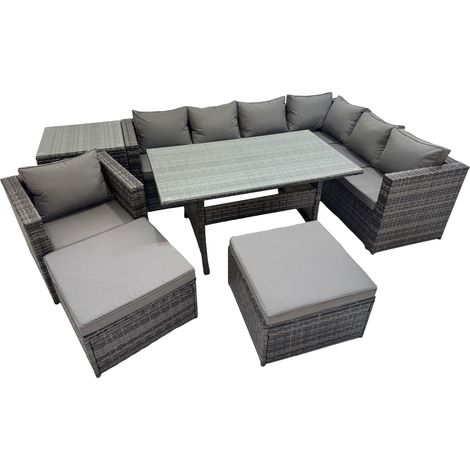 Fimous Rattan Garden Furniture Set Outdoor 9 Seater Patio Dining Corner Sofa Sets with Dining Table Chair 2 Big Stools Side Table Dark Grey Mixed (1/5)