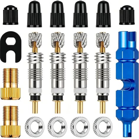Kit de Réparation Valve Presta et Schrader 18 Pièces, Démonte Obus Valve Tubeless VTT, Adaptateur Pompe Vélo, Bouchon Valve Pneu Voiture, Outil d'Extraction pour Entretien Complet (1/5)