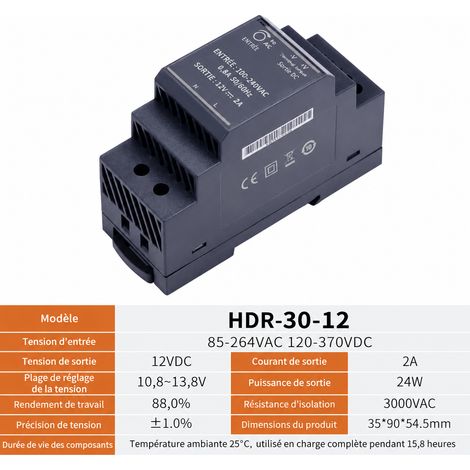 Alimentation rail DIN HDR-30-12V 12V 30W 2A AC-DC hdr-30-12v 12 2 30 3,5 × 9 × 5,45 cm 120 g – Livraison gratuite