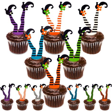 Lot de 60 décorations pour cupcakes Halloween en forme de bottes de sorcière - 6 modèles de jambes rayées colorées (10 de chaque), décorations amusantes pour cupcakes et plats (1/5)