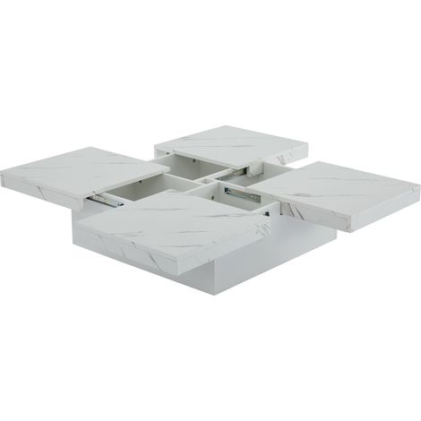 Mesa de centro cuadrada blanca efecto mármol 90 x 90 x 25 cm, 4 cajones y tablero deslizante (1/5)