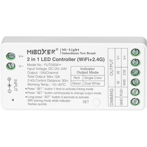Controller Dimmer Wifi LED Einfarbig/CCT 12/24V DC MiBoxer FUT035W+ Kompatibel mit Druckknopf Einfarbig / CCT