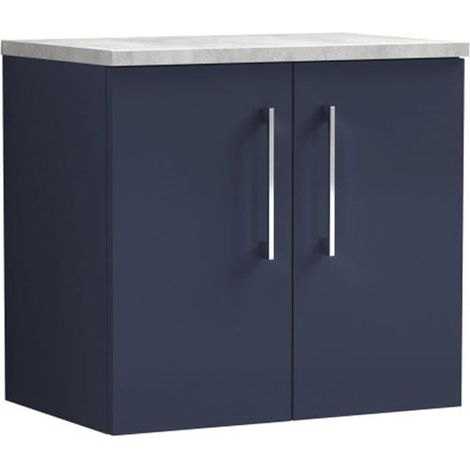 Nuie Arno Wall Hung 2-Door Vanity Unit with Bellato Grey Worktop 600mm Wide - Midnight Blue (1/4)