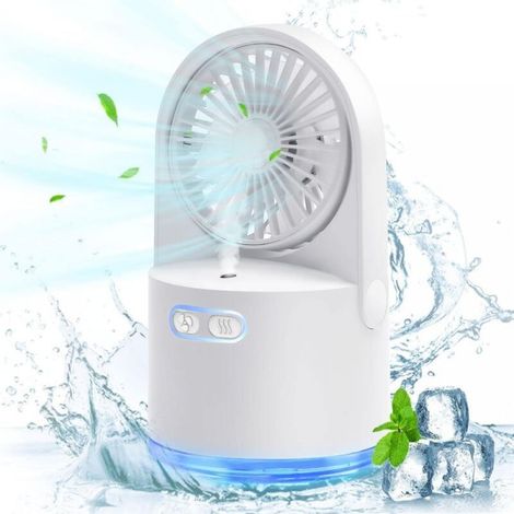 Mini Desk Fan, Portable USB Fan with Cool Mist Spray, 3 Adjustable Speeds, 7 Colors Night Lights for Home, Office, Outdoor, Travel, White (1/5)