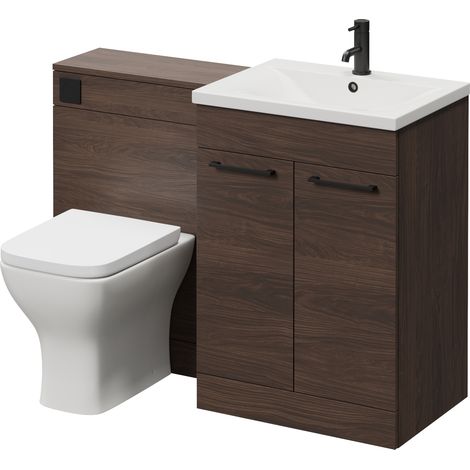 Napoli 460 Cento Brown Oak 1200mm 2 Door Vanity Unit Toilet Suite with Glide Basin - 1200mm - Matt Black 160mm HandleWith Kingston Toilet Pan and Seat