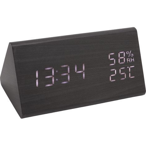 Réveil numérique avec luminosité réglable, affichage de la température et de l'humidité, finition bois noir, éclairage blanc, horloge de bureau LED (1/5)