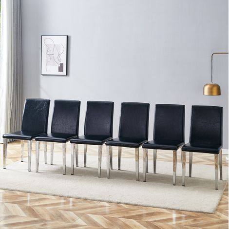 Pack de 6 sillas de comedor minimalistas, respaldo ergonómico, PU negro y metal plateado (1/5)