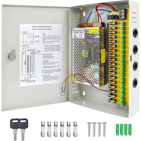Alimentation 12V 20A 18 Canaux, 240W Bloc d'alimentation CCTV, Boîtier Métallique Verrouillé, Alimentation Stabilisée pour Caméra de Surveillance/Boîte Lumineuse/Équipements Industriels (1/5)