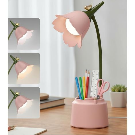 Lampe de Table D'étude Rechargeable Protection des Yeux, Tactile Lampe de Bureau à LED Portable avec Porte-stylo pour Enfants, Lampe de Chevet LED, Lampe de Lecture Dimmable,3 Modes de Couleur (Rose) (1/5)