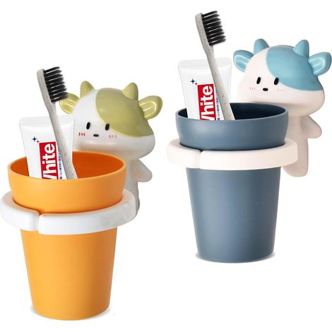 2 Pièces Porte-Brosse À Dent pour Enfants,Porte-Brosse À Dent Mural Motif Animaux De Dessin Animé,Porte-Gobelet À Dents sans Perçage,Porte-Brosse À Dents avec Tasse,pour Enfants (Jaune+Bleu) (1/5)