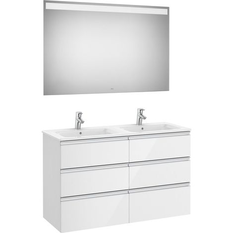 Meuble bas 6 tiroirs + double vasque + miroir LED THE GAP - ROCA Couleur : Blanc brillant (1/3)
