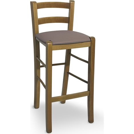 Hocker aus hellem Nussbaum mit Rückenlehne h 66cm mit Sitz aus Leder