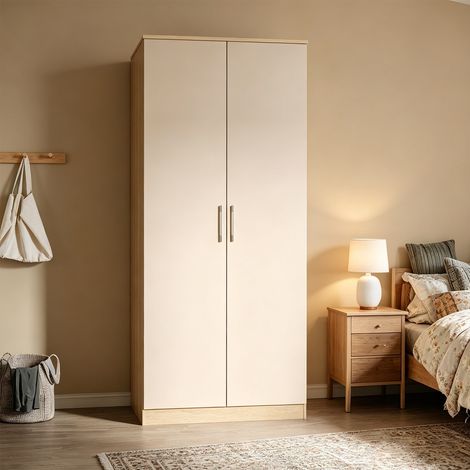 ELEGANT Wardrobes Storage 2 Doors with Soft Close Hinge High Gloss Bedroom Furniture, Cream/oak, 760x470x1800mm