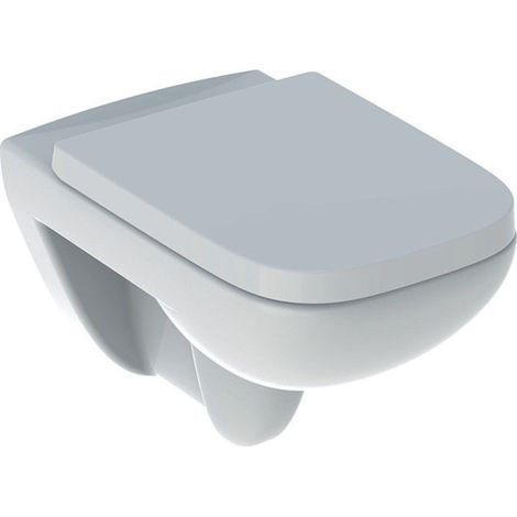 WC suspendido con fondo hueco Gereberit Renova Plan Rimfree. Ubicado con asiento de inodoro blanco