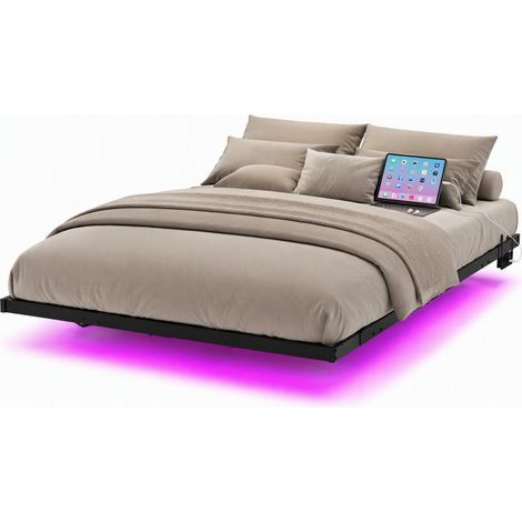Lit 140x200 flottant avec LED, station de charge USB et prises, cadre en métal robuste, montage facile, noir  CHICFURN (1/5)