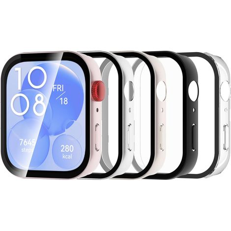 5 Pièces Coque Compatible avec Huawei Watch Fit 3, Coque Rigide en PC avec Protecteur d'écran, Coque HD avec Verre Trempé - Transparent, Rose, Or, Argent, Noir (1/5)