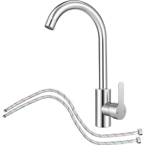 Mitigeur Cuisine avec Tuyau Flexible G3/8 x M10,Robinet Cuisine en Acier Inox avec Bec Pivotant à 360° Monocommande,Robinet Evier de Cuisine d'Arc à Sortie d'Eau Haute (1/5)